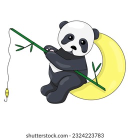 Cute panda is a fisherman, sits on the moon and catches fish on a white background. Vector illustration. Beautiful black and white animal.