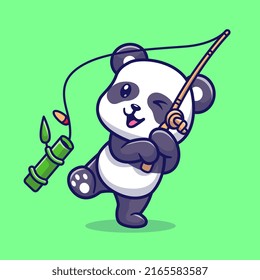 Cute Panda Fishing Bamboo Cartoon Vector Icon Illustration. Animal Nature Icon Concept Isolated Premium Vector. Flat Cartoon Style