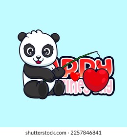 Cute panda is fishing for hearts. Vector illustration of cute cartoon animal cartoon.
