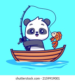 Cute Panda Fishing On Boat Cartoon Vector Icon Illustration. Animal Nature Icon Concept Isolated Premium Vector. Flat Cartoon Style