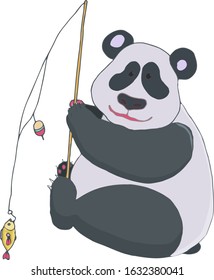 Cute panda fishing using a fishing rod. Hand drawing