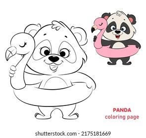 Panda lindo con anillo inflable de flamingo, página de color. Alegre personaje de caricatura Panda. Diseño de verano.