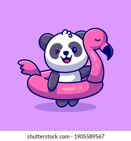 Cute Panda With Flamingo Tires Cartoon Vector Icon Illustration. Animal Holiday Icon Concept Isolated Premium Vector. Flat Cartoon Style