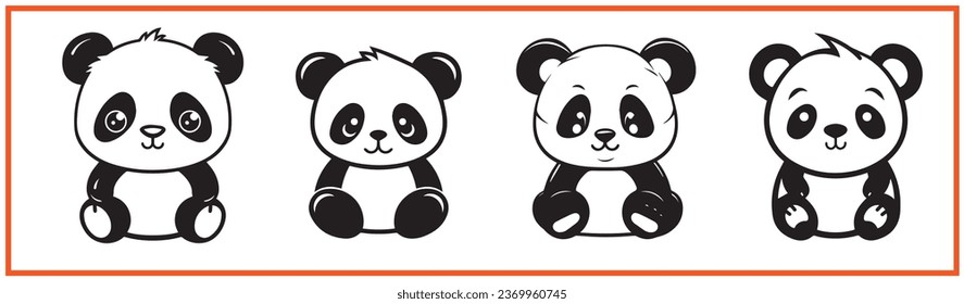 cute panda flat minimal vector logo style silhouette collection