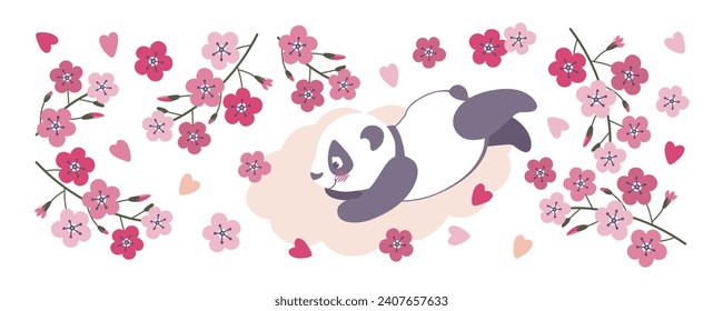 Cute panda flies on a cloud. Among petals and cherry blossoms. Children's greeting card with panda and sakura flowers. Minimalist style. Vector illustration.