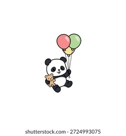 Cute panda floating in the air holding balloons and one paw holding a small teddy bear cartoon, vector illustration