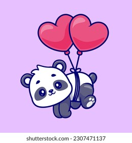 Cute Panda Floating With Love Balloon Cartoon Vector Icon Illustration. Animal Holiday Icon Concept Isolated Premium Vector. Flat Cartoon Style