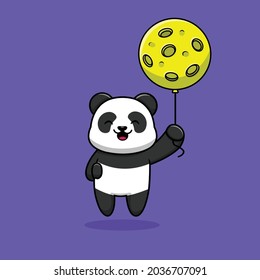 Cute Panda Floating With Moon Vector Icon Illustration. Animal Mascot Cartoon Character. Science Icon Concept Isolated. Flat Cartoon Style Suitable for Web Landing Page, Banner, Flyer, Sticker, Card