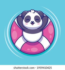 Cute panda floating with swimming cartoon