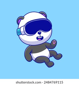 Cute Panda Floating Wearing Virtual Reality Glasses Cartoon Vector Icon Illustration. Animal Technology. Flat Cartoon Character. 