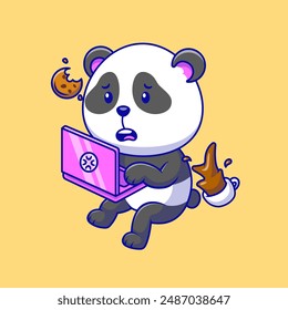 Cute Panda Floating While Playing Laptop Cartoon Vector Icon Illustration. Animal Technology. Flat Cartoon Character.