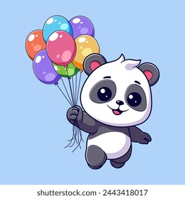 Cute panda floats with lots of balloons