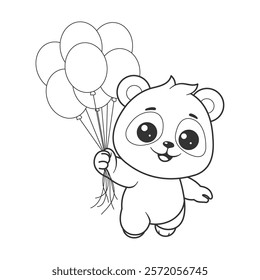 Cute panda floats with lots of balloons for coloring