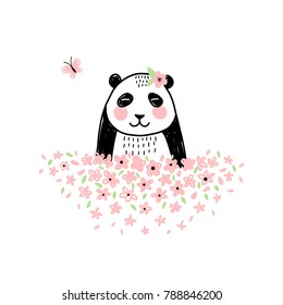 cute panda in floral field, kid design