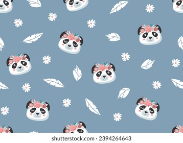 Cute panda in a flower crown seamless pattern. Suitable for printing on fabrics, paper. Vector children's illustration.
