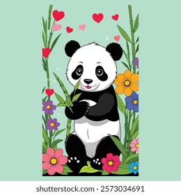Cute panda with a flower on its head, a simple flat vector illustration coloring page for kids
