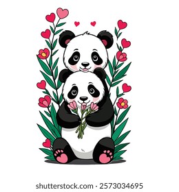 Cute panda with a flower on its head, a simple flat vector illustration coloring page for kids