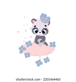 Cute panda with flowers on cloud. Vector print for children room, fabric, paper, greeting card, postcard, card, t shirt, poster, textile. Vector illustration