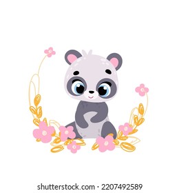 Cute panda in flowers. Vector print for children room, fabric, paper, greeting card, postcard, card, t shirt, poster, textile. Vector illustration