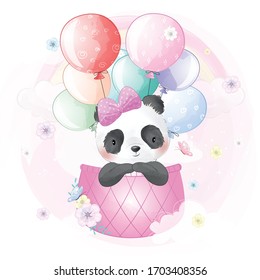 Cute panda flying with air balloon