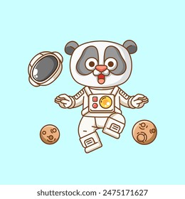 Cute panda flying astronaut animal kawaii chibi character mascot illustration outline style design set