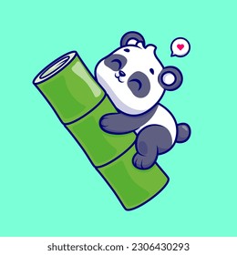 Cute Panda Flying With Bamboo Cartoon Vector Icon Illustration. Animal Nature Icon Concept Isolated Premium Vector. Flat Cartoon Style