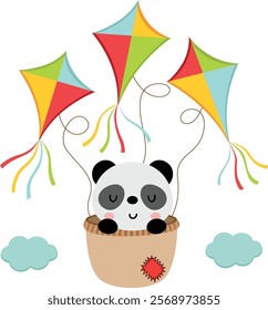 Cute panda flying inside basket with kites