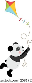 Cute panda flying with kite
