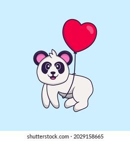 Cute Panda flying with love shaped balloons. Animal cartoon concept isolated. Can used for t-shirt, greeting card, invitation card or mascot.