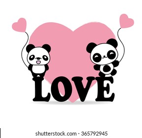 Cute panda flying on heard-shaped balloon. Vector character on St Valentines Day