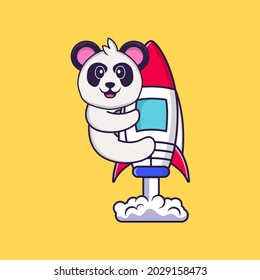 Cute Panda flying on rocket. Animal cartoon concept isolated. Can used for t-shirt, greeting card, invitation card or mascot.