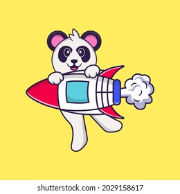 Cute Panda flying on rocket. Animal cartoon concept isolated. Can used for t-shirt, greeting card, invitation card or mascot.