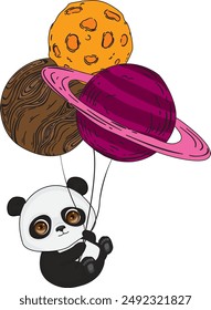 Cute panda flying with plants balloon
