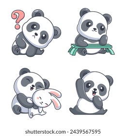 Cute panda with friends cartoon style set