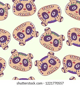 Cute panda with geometric pattens.seamless pattern, hand drawn. vector illustration.background for greeting cards, wallpaper, print on fabric.yellow purple