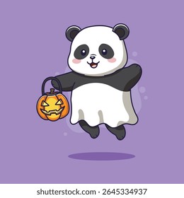 Cute Panda in a Ghost Costume with Pumpkin for Halloween. vector illustration