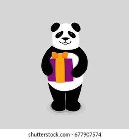 Cute panda with gift box. Birthday postcard, invitation, poster. Cartoon character