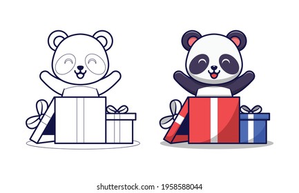 Cute panda in gift box cartoon coloring page for kids
