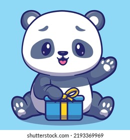 Cute panda with gift box in winter cartoon vector icon illustration animal holiday icon isolated