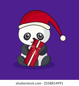 Cute Panda with gift, Wearing Santa Cap Vector illustration.