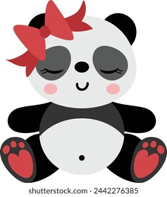 Cute panda girl with bow sitting