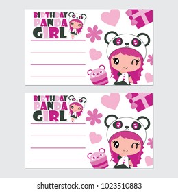 Cute panda girl and cupcake vector cartoon illustration for happy birthday card design, postcard, and wallpaper