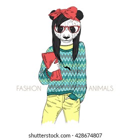 cute panda girl dressed up in jacquard pullover, furry art illustration, fashion animals, hipster animals