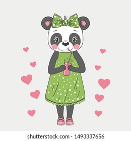 Cute panda girl drinking pink juice. Cartoon vector illustration for prints on t-shirts and other uses