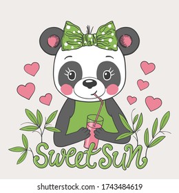 Cute panda girl drinking pink juice, bamboo. Sweet Sun slogan. Illustration for t-shirt prints, posters and other uses.