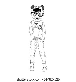 cute panda girl drinking soda water, anthropomorphic illustration for kids