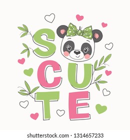 Cute panda girl face, bamboo. So Cute slogan. Cartoon vector illustration design for t-shirt graphics, fashion prints, slogan tees