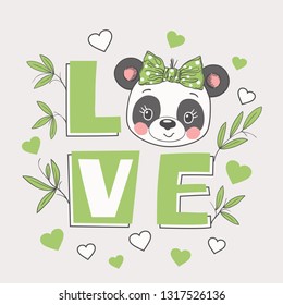 Cute panda girl face, bamboo. Love slogan. Cartoon vector illustration design for t-shirt graphics, fashion prints, slogan tees