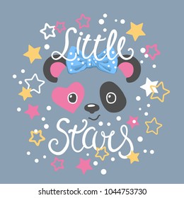 Cute panda girl face with heart. Little Stars slogan kids. Vector illustration