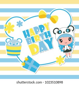 Cute panda girl on blue frame vector cartoon illustration for happy birthday card design, postcard, and wallpaper